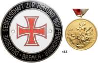 M E D A I L L E N,Schiffsmotive / Schiffsfahrt Vergoldete Medaille der Deutschen Gesellschaft zur Rettung Schiffbrüchiger - Für Rettung aus Seenot. Am Band. 43 mm und einseitige mehrfarbig emaillierte Plakette der DGzRS Bremen. 82 mm (zwei Schraublöcher). LOT. 2 Stück.