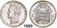 AUSLÄNDISCHE MÜNZEN,Monaco Rainier III. 1949 - 2005 5 Francs 1960.  Essai.  Silber.  11,97 g.  Schön 24 E.  KM E 41.  Auflage 500 Exemplare.