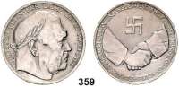 M E D A I L L E N,Personen Hindenburg, Paul von Silbermedaille o.J. (1934, BB, Bernhard Blecker). Auf seinen Tod. Kopf mit Lorbeerkranz rechts. / Hakenkreuz über Handschlag. Rand: BAYER. HAUPTMÜNZAMT SILBER 900f. 36 mm. 21,93 g.