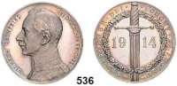 M E D A I L L E N,Weltkrieg Silbermedaille 1914 (L. Chr. Lauer, Nürnberg). Auf den Sieg bei Longwy unter Führung von Kronprinz Wilhelm. Dessen Brustbild links. / Schwert mit Eichenkranz. Rand : SILBER 990. 33,5 mm. 17,91 g. Zetzmann 4020.