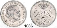 AUSLÄNDISCHE MÜNZEN,Monaco Rainier III. 1949 - 2005 5 Francs 1971.  Piedfort-Prägung.  Kupfer-Nickel.  Schön 26 a.  Auflage 1000 Exemplare.  Mit Zertifikat.