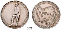 M E D A I L L E N,Drittes Reich Silbermedaille 1935 (F. Krischker). Volksabstimmung im Saargebiet - Deutsch die Saar immerdar. Steiger mit Lampe/ Landkarte. Rand : BAYER. HAUPTMÜNZAMT FEINSILBER. 36 mm. 21,75 g.