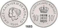 AUSLÄNDISCHE MÜNZEN,Monaco Rainier III. 1949 - 2005 10 Francs 1966.  10. Hochzeitstag von Fürst Rainier III. und Grace Kelly.  Schön 28.  KM 147.