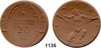 P O R Z E L L A N M Ü N Z E N,SPENDENMÜNZEN VON VERBÄNDEN UND VEREINEN Leipzig 20 Mark 1922 braun.  Gipsform.  Rückseite mit fünf Sternen.  Deutsche Kinderhilfe.