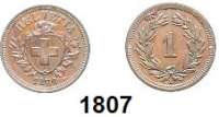 AUSLÄNDISCHE MÜNZEN,Schweiz Eidgenossenschaft 1 Rappen 1870.  Kahnt 1.  KM 3.1.