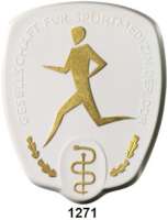 MEDAILLEN AUS PORZELLAN,Staatliche Porzellan-Manufaktur MEISSEN Berlin Weiße Plakette, Läufer, Äskulapstab und Eichenblätter gold 1968 (97 x 80 mm).  Gesellschaft für Sportmedizin der DDR.  W. 4062.2.9.5.  Auflage 150 Exemplare.