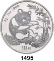 AUSLÄNDISCHE MÜNZEN,China Volksrepublik seit 1949 10 Yuan 1994 (Silberunze).  Sitzender Panda mit Bambuszweig.  Lange Serifen.   Schön 621.  KM 622.  In Kapsel.  Verschweißt.