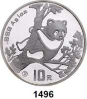AUSLÄNDISCHE MÜNZEN,China Volksrepublik seit 1949 10 Yuan 1994 P (Silberunze).  Panda in einem Baum auf Aussichtsposten.  Schön 622.  KM 616.  In Kapsel, Verschweißt.  Im Originaletui.