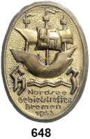 Orden, Ehrenzeichen, Militaria, Zeitgeschichte,Zeitgeschichte  -  Militaria Tagungs- und Veranstaltungsabzeichen Bremen,  Blechabzeichen (goldfarbend und silberfarbend).  Nordsee HJ Gebietstreffen Bremen 1933.  Tieste Bremen 33-02 a und b.  LOT. 2 Stück.