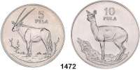 AUSLÄNDISCHE MÜNZEN,Botswana  5 und 10 Pula 1978.  Südafrikanischer Spießbock und Klippspringer.  Schön 12 und 13.  KM 11 und 12.  LOT. 2 Stück.