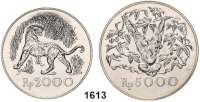 AUSLÄNDISCHE MÜNZEN,Indonesien  2000 und 5000 Rupiah 1974.  Sundatiger und Orangutan.  Schön 29 und 30.  KM 39 und 40.  LOT. 2 Stück.