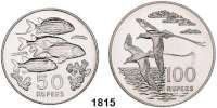 AUSLÄNDISCHE MÜNZEN,Seychellen  50 und 100 Rupees 1978.  Eichhörnchenfische und Weißschwanz-Tropikvögel.  Schön 39 und 40.  KM 39 und 40.  LOT. 2 Stück.