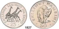 AUSLÄNDISCHE MÜNZEN,Tansania  25 und 50 Shillingi 1974.  Steppengiraffen und Spitzmaulnashorn.  Schön 9 und 10.  KM 7 und 8.  LOT. 2 Stück.