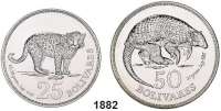 AUSLÄNDISCHE MÜNZEN,Venezuela  25 und 50 Bolivares 1975.  Jaguar und Riesengürteltier.  Schön 57 und 58.  KM 46 und 47.  LOT. 2 Stück.