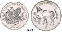 AUSLÄNDISCHE MÜNZEN,Kongo - Kinshasa (Zaire)  2 1/2 und 5 Zaiies 1975.  Berggorillas und Waldgiraffe.  Schön 56 und 57.  KM 9 und 10.  LOT. 2 Stück.