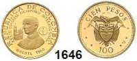 AUSLÄNDISCHE MÜNZEN,Kolumbien  100 Pesos 1968 (3,87g. fein).  Papst Paul VI. in Bogotá.  Schön 58.  KM 231.  Fb. 121.  GOLD.