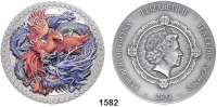 AUSLÄNDISCHE MÜNZEN,Ghana  10 Cedis 2021 (50g Silber/Farbmünze).  Phönix und Drache.  Im Originaletui mit Zertifikat.