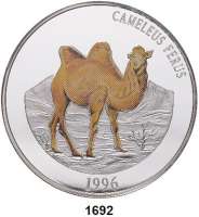 AUSLÄNDISCHE MÜNZEN,Mongolei  5000 Tugrig 1996 (Silber, 5 Unzen, Farbmünze).  Kamel.  Schön 133.  KM 138.  Mit Zertifikat.