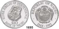 AUSLÄNDISCHE MÜNZEN,Nauru  10 Dollars 1993.  25 Jahre Unabhängigkeit.  Sehr selten nur 1000 Exemplare geprägt.  Schön 1.  KM 1.  Im Originaletui.