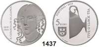 AUSLÄNDISCHE MÜNZEN,E U R O  -  P R Ä G U N G E N Portugal 5 Euro 2016.  Königinnen von Europa - Catarina de Braganca.  Im Originaletui mit Zertifikat.