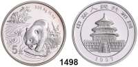 AUSLÄNDISCHE MÜNZEN,China Volksrepublik seit 1949 5 Yuan 1997.  (1/2 Silberunze).  Panda in überfluteter Landschaft  Schön 1000.  KM 993.  In Kapsel.
