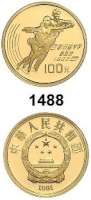 AUSLÄNDISCHE MÜNZEN,China Volksrepublik seit 1949 100 Yuan 1991 (10,36g fein).  Olympische Winterspiele in Albertville - Eiskunstpaarlauf.  Schön 325.  KM 298.  Fb. 44.  Mit Zertifikat.  GOLD.