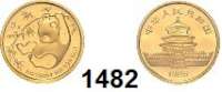 AUSLÄNDISCHE MÜNZEN,China Volksrepublik seit 1949 5 Yuan 1985 (1/20 Unze  1,55g fein).  Panda an Bambuszweig turnend.  Schön 98.  KM 113.  Fb. B 8.  Verschweißt.  GOLD.