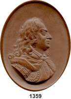 MEDAILLEN AUS PORZELLAN,Staatliche Porzellan-Manufaktur MEISSEN Meissen o.J. (1933) braun (oval, 70 x 55 mm).  Erinnerung an August den Starken.  Gipsform.  Formnummer S.5.  Randstab poliert.