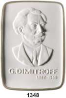 MEDAILLEN AUS PORZELLAN,Staatliche Porzellan-Manufaktur MEISSEN Leipzig 1970 weiß, Randstab vergoldet (117 x 85 mm).  Rat der Stadt - G. Dimitroff.  W. 5299.2.1.3.  Auflage 50 Exemplare.