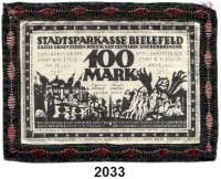 P A P I E R G E L D   -   N O T G E L D,Notgeld der besonderen Art Bielefelder Stoffgeld 100 Mark 15.7.1921.  Leinen, weiß.  Borte Schwarz- mit Bronzegarn abgesetzt.  Ohne Handunterschrift. Grab. 26 d.