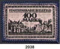P A P I E R G E L D   -   N O T G E L D,Notgeld der besonderen Art Bielefelder Stoffgeld 100 Mark 15.7.1921.  Seide, hellrosa.  Blaue Spitze.  Grab. 28 d.