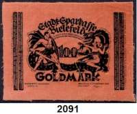 P A P I E R G E L D   -   N O T G E L D,Notgeld der besonderen Art Bielefelder Stoffgeld 100 Goldmark 15.12.2023.  Samt, orangerot.  Grab. 116 a.