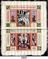 P A P I E R G E L D   -   N O T G E L D,Notgeld der besonderen Art Bielefelder Stoffgeld 500 Mark 21.10.1922.  Seide, weiß.  Druckprobe.  Kompletter Bogen aus Vorder- und Rückseite.  Grab. P. 53.1 c.