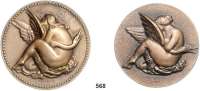 M E D A I L L E N,Erotika LOT. von 2 einseitigen Bronze-Hohlgußmedaillen o.J. (Josef Remenyi). Unbekleidete Frau beim Akt mit einem Schwan. 1x datiert 1924 ohne Perlrand und o.J. mit Perlrand. 60 und 63 mm.
