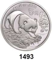 AUSLÄNDISCHE MÜNZEN,China Volksrepublik seit 1949 5 Yuan 1994 (Silber, 1/2 Unze).  Panda bei der Annäherung an ein Gewässer.  Schön 620.  KM 621.  In Kapsel.