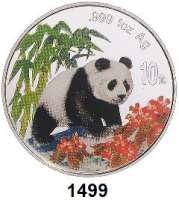 AUSLÄNDISCHE MÜNZEN,China Volksrepublik seit 1949 10 Yuan 1997 (Silberunze, Farbmünze).  Panda nach rechts im Wald.  Breite Jahreszahl.  Ohne Serifen.  Schön 1003.  KM 996.  In Kapsel.
