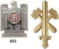 Orden, Ehrenzeichen, Militaria, Zeitgeschichte,Zeitgeschichte  -  Militaria Tagungs- und Veranstaltungsabzeichen Essen, Goldfarbendes Abzeichen 1935 und Mainfranken, Aluminium Abzeichen.  10 Jahre Gau Mainfranken.   Tieste Essen 35-02 und Mainfranken 00-01.  LOT. 2 Stück.