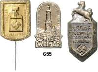 Orden, Ehrenzeichen, Militaria, Zeitgeschichte,Zeitgeschichte  -  Militaria Tagungs- und Veranstaltungsabzeichen Hannover,  Messingabzeichen.  Gau Süd Hannover - Braunschweig NSDAP Parteitag 1934; Messingabzeichen mit Nadel.  Tag der Deutschen Arbeit 1933 und Weimar,  Metallabzeichen.  DSV Deutsche Schwimm-Meisterschaften 1933.  Tieste Hannover 34-01; Weimar 33.05.  LOT. 3 Stück.