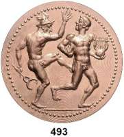 M E D A I L L E N,Numismatik Einseitige Bronzemedaille o.J. (1991, Fitzenreiter, Wilfried). Hermes und Apoll. Hermes links mit geflügeltem Hut und Caduceus tritt mit seinem rechten Fuß Apollon, der mit einer Leier in der Hand nach rechts eilt. (ohne Jahreszahl Signatur !!). 50 mm. 50 g.