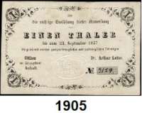 P A P I E R G E L D,Altdeutsche Staaten Anhalt-Cöthen Dr. Arthur Lutze, Anweisungen.  Privates Notgeld mit herzoglicher Genehmigung.  1 Taler 23.9.1854-23.9.1857.  Grabowski/Kranz 27.  Pick/Rixen A 549.