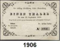 P A P I E R G E L D,Altdeutsche Staaten Anhalt-Cöthen Dr. Arthur Lutze, Anweisungen.  Privates Notgeld mit herzoglicher Genehmigung.  1 Taler 23.9.1854-23.9.1858.  Grabowski/Kranz 28.  Pick/Rixen A 550.