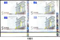 P A P I E R G E L D,BUNDESREPUBLIK DEUTSCHLAND  5 Euro 2002.  4er-Druckbogen.  KN jeweils mit X (Deutschland) beginnend.  Ros. EUR-1a.  Beigegeben U.S.A., 1 Dollar 2009, ebenfalls 4er-Druckbogen.  LOT. 8 Scheine.