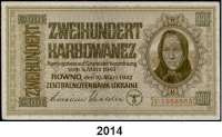 P A P I E R G E L D,Besatzungsausgaben des II. Weltkrieges Zentralnotenbank Ukraine 1942 200 Karbowanez 10.3.1942.  Ros. ZWK-54 b.