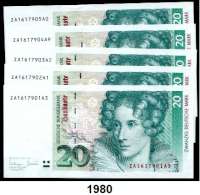 P A P I E R G E L D,BUNDESREPUBLIK DEUTSCHLAND  20 Deutsche Mark 1.10.1993.  Austauschnote.  ZA A.  LOT. 5 Scheine mit aufeinanderfolgenden KN.  Ros. BRD-48 b.