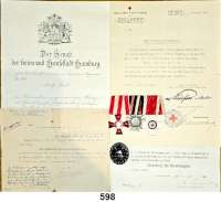 Orden, Ehrenzeichen, Militaria, Zeitgeschichte,Deutschland Deutsches Reich Kleiner Nachlaß des Adolf Klatt.  Ordensspange mit drei Auszeichnungen :  Hamburg, Hanseatenkreuz, Frontkämpferehrenkreuz, DRK Ehrenzeichen 2. Klasse.  Dazu Verwundetenabzeichen (schwarz).  Beigefügt sechs Urkunden für alle Auszeichnungen.