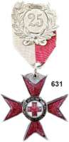 Orden, Ehrenzeichen, Militaria, Zeitgeschichte,Zeitgeschichte  -  Militaria  Kreuz der Hanseatischen Vereine vom Roten Kreuz (Godet und Sohn).  Versilbertes Kreuz, rot emailliert (Emailleschäden) am Band mit Zahl 
