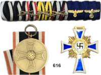 Orden, Ehrenzeichen, Militaria, Zeitgeschichte,Deutschland Drittes Reich LOT. von 9 Auszeichnungen.  Mutterkreuz Gold/Silber/Bronze; KVK 2. Klasse mit Schwertern; KVK-Medaille; 3x Frontkämpferehrenkreuz und eine Interimsspange (6 Auszeichnungen).