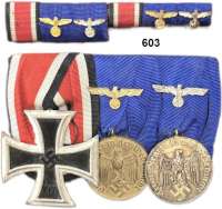 Orden, Ehrenzeichen, Militaria, Zeitgeschichte,Deutschland Drittes Reich Große Ordensschnalle mit drei Auszeichnungen.  EK II 1939; Dienstauszeichnung für 12 und für 4 Jahre.  Dazu zwei Interimsspangen.