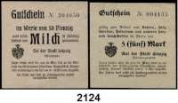 P A P I E R G E L D   -   N O T G E L D,Sachsen Leipzig Fürsorgeamt.  Gutschein über 50 Pfennig für Ankauf von Milch (-30.3.1922) und 5 Mark für den Ankauf von Kohlen, Holz, Spiritus, Petroleum und anderen Heiz- und Leuchtstoffen (-31.3.1922).  LOT. 2 Stück.