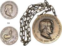 M E D A I L L E N,Medicina in Nummis LOT. von 2 Medaillen auf den Arzt und Geburtshelfer Gustav Adolph Michaelis (1798-1848). Bronzemedaille 1986 (K. Semm). Auf die 150 Jahrfeier des vierten Kaiserschnitts in Kiel bei ein und der selben Frau (A. M. Adametz). Kopf nach rechts. / Zwei Hände ziehen Kind aus der Gebärmutter. 60 mm. 118 g. und große motivgleiche Verleihungsgußmedaille mit zwei Ösen und 2x 48 cm langer Bronzekette. Medaille : 99 mm. Medaille mit Kette : 593,3 g. LOT. 2 Stück.